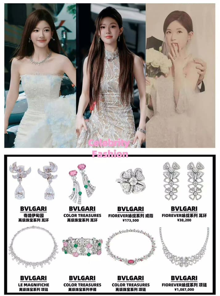 Triệu Lộ Tư đeo trang sức cao cấp của BVLGARI trong các tạo hình váy cưới, tổng giá trị ước tính lên tới tiền tỷ.