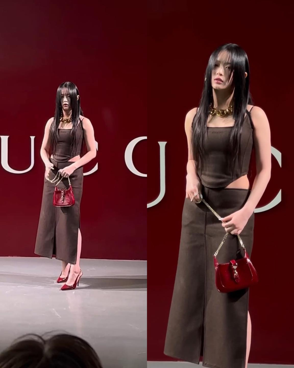 Tạo hình được phối màu nâu, đỏ đô ấn tượng tuy nhiên vô tình làm lộ chiều cao hạn chế của nữ idol.