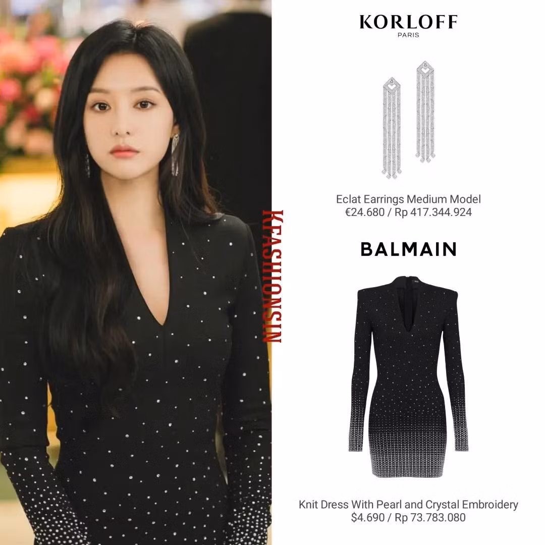 Nữ tài phiệt diện mẫu vát ôm sát xẻ sâu, đính ngọc trai của Balmain có giá trị khoảng 115 triệu đồng. Trang sức khuyên tai đá quý có giá hơn 650 triệu đồng.