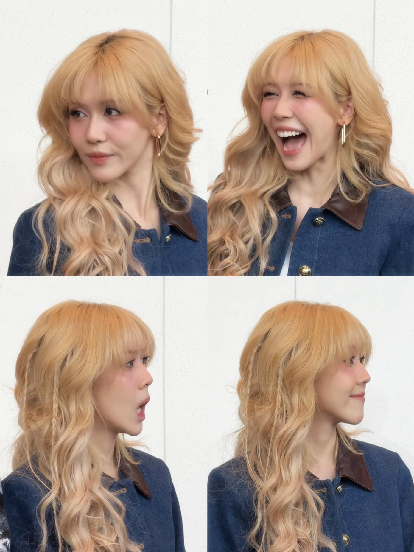 Trong họp báo show Chị Đẹp 2024, Hậu Hoàng ghi điểm với nhan sắc thăng hạng nhờ màu tóc bạch kim, set trang phục tông xanh thẫm.