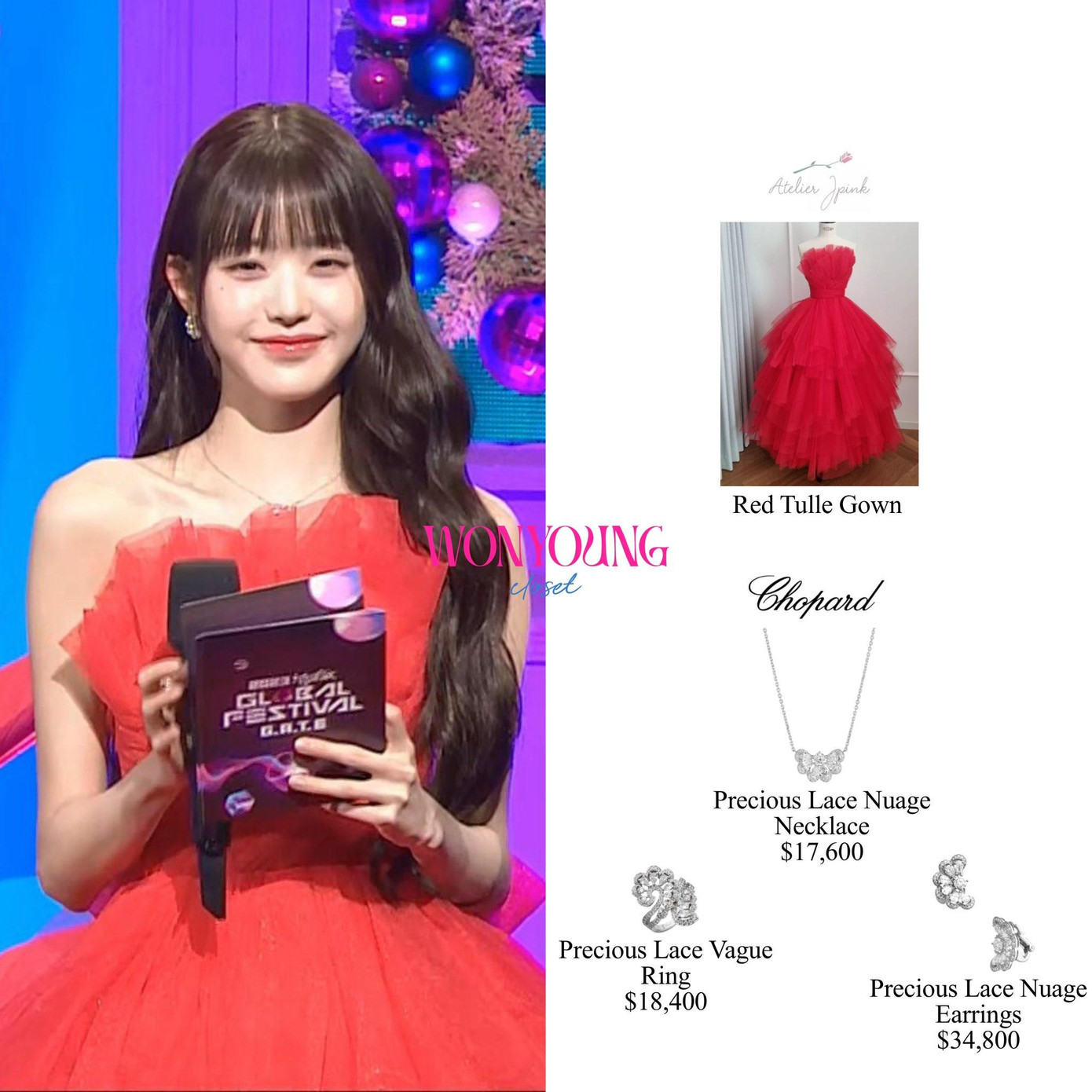 Dịp cuối năm 2023, Jang Won Young lăng xê trang sức bạc sợi mảnh của Chopard khi đảm nhận vai trò MC tại các sự kiện âm nhạc, lễ trao giải.