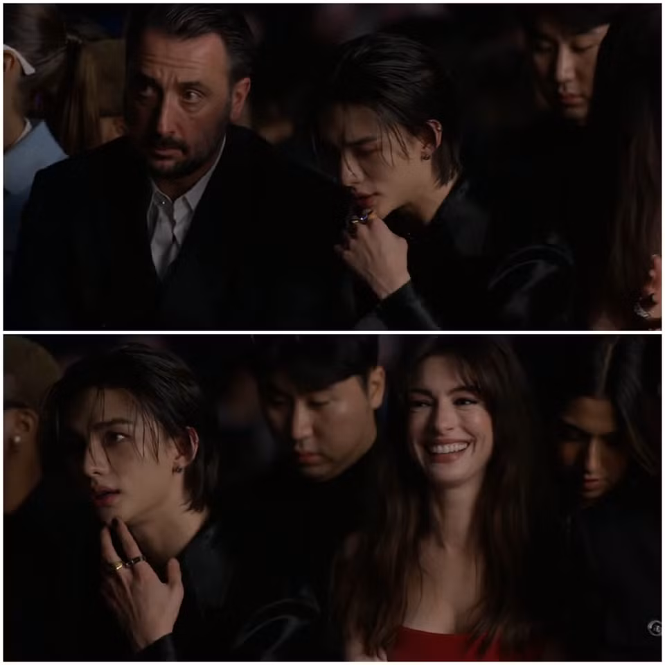 Mỹ nam sinh năm 2000 diện trang phục chưa được ra mắt, ngồi hàng ghế đầu cùng CEO Versace - ông Emmanuel Gintzburger và nữ minh tinh Anne Hathaway.