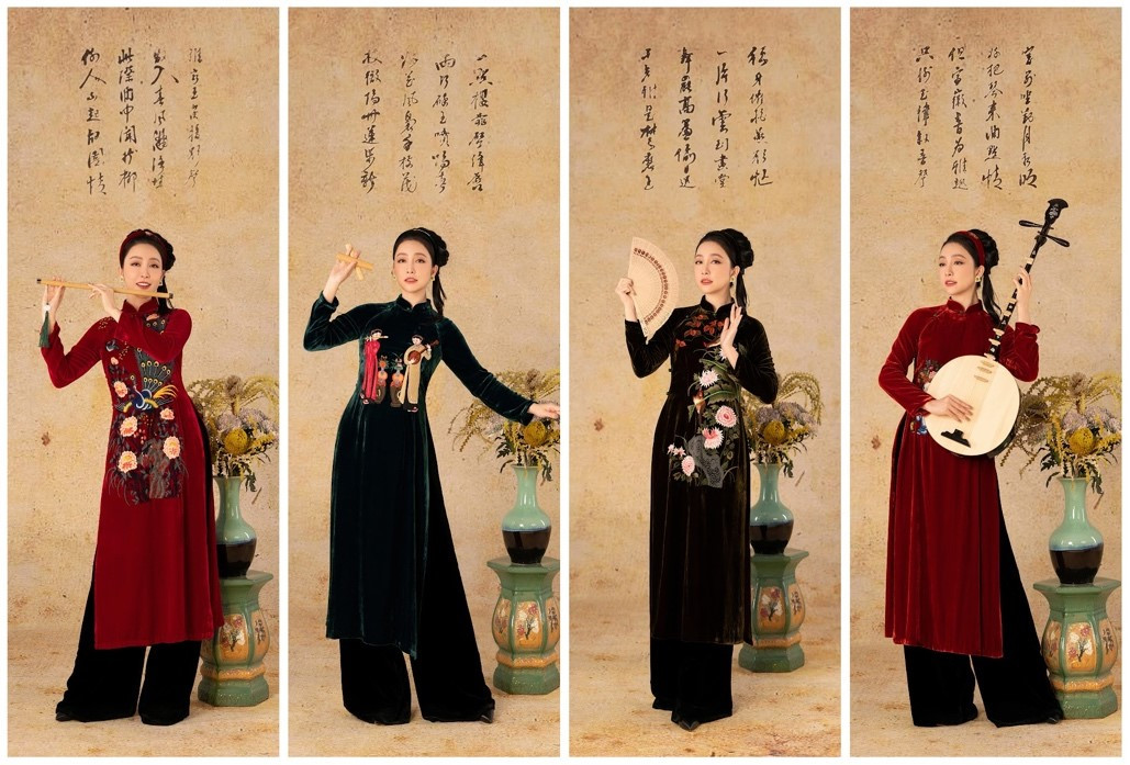 Hình ảnh 4 thiếu nữ Việt qua từng trang phục và mẫu thêu mô phỏng.