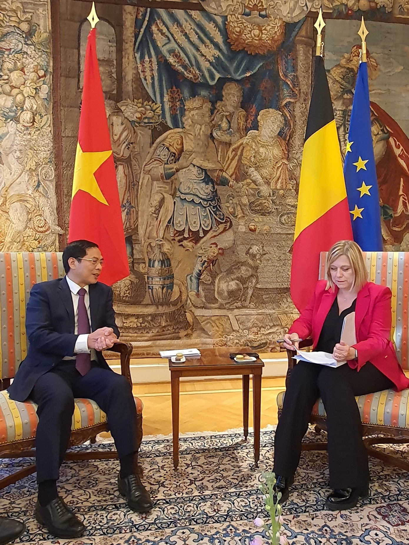 Bộ trưởng Ngoại giao Bùi Thanh Sơn trong cuộc hội kiến Chủ tịch Hạ viện Bỉ Eliane Tillieux. (Ảnh: Mofa)