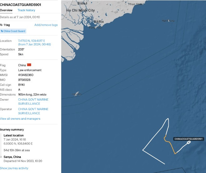 Đường di chuyển của tàu hải cảnh CCG 5901 ở khu vực bãi Tư Chính. (Ảnh: SeaLight Project) Đường di chuyển của tàu hải cảnh CCG 5901 ở khu vực bãi Tư Chính. (Ảnh: SeaLight Project)