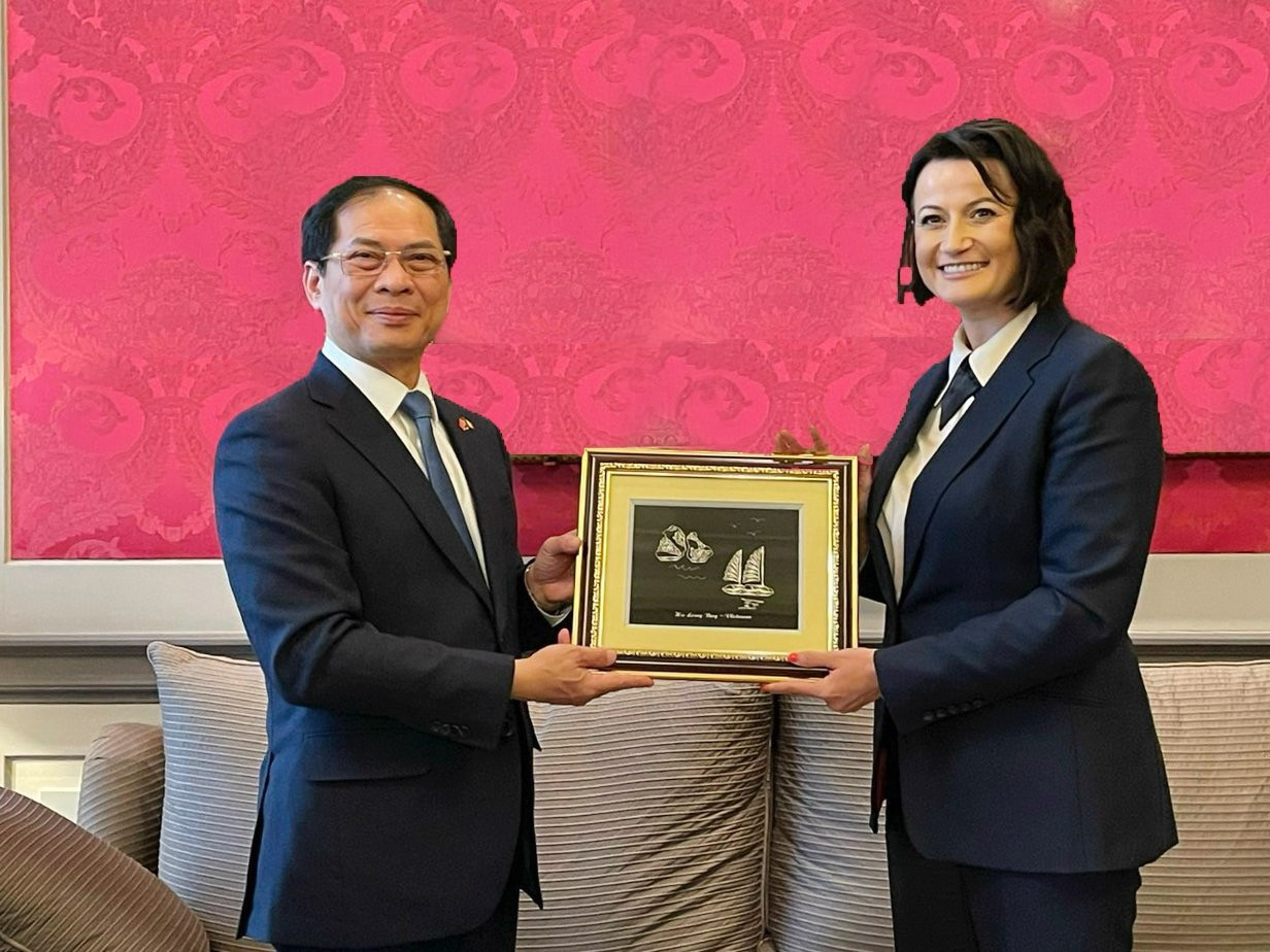 Bộ trưởng Ngoại giao Bùi Thanh Sơn tặng tranh cho Chủ tịch Thượng viện Bỉ Stephanie D’Hose. (Ảnh: Mofa)