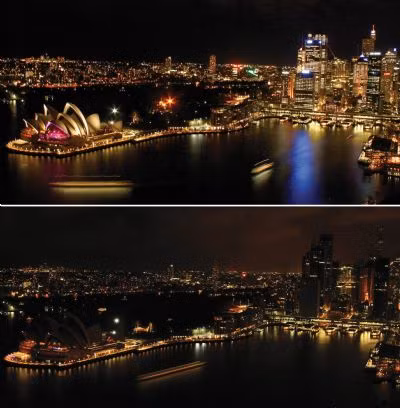Nhà hát Opera Sydney gần với cây cầu Sydney Harbour nổi tiếng trong ngày 23-3 (ảnh trên) và 26-3 (ảnh dưới) trong giờ Trái đất. Nhà hát Opera Sydney gần với cây cầu Sydney Harbour nổi tiếng trong ngày 23-3 (ảnh trên) và 26-3 (ảnh dưới) trong giờ Trái đất.