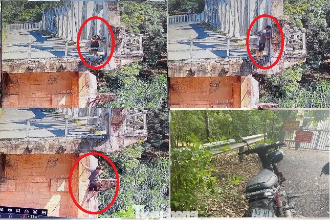 Hình ảnh ghi lại cảnh thanh niên nhảy cầu và chiếc xe máy nghi của nạn nhân