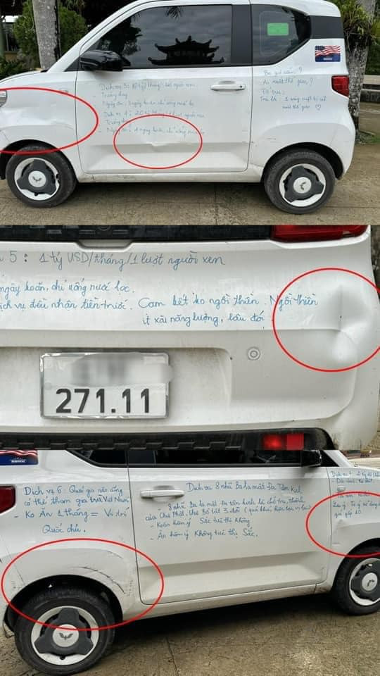 Chiếc ô tô được người phụ nữ viết các dòng chữ lạ
