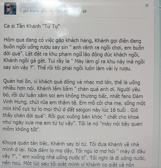 Thông tin người bạn chia sẻ Tần Khánh vừa tự tử hụt trên trang cá nhân nam ca sĩ