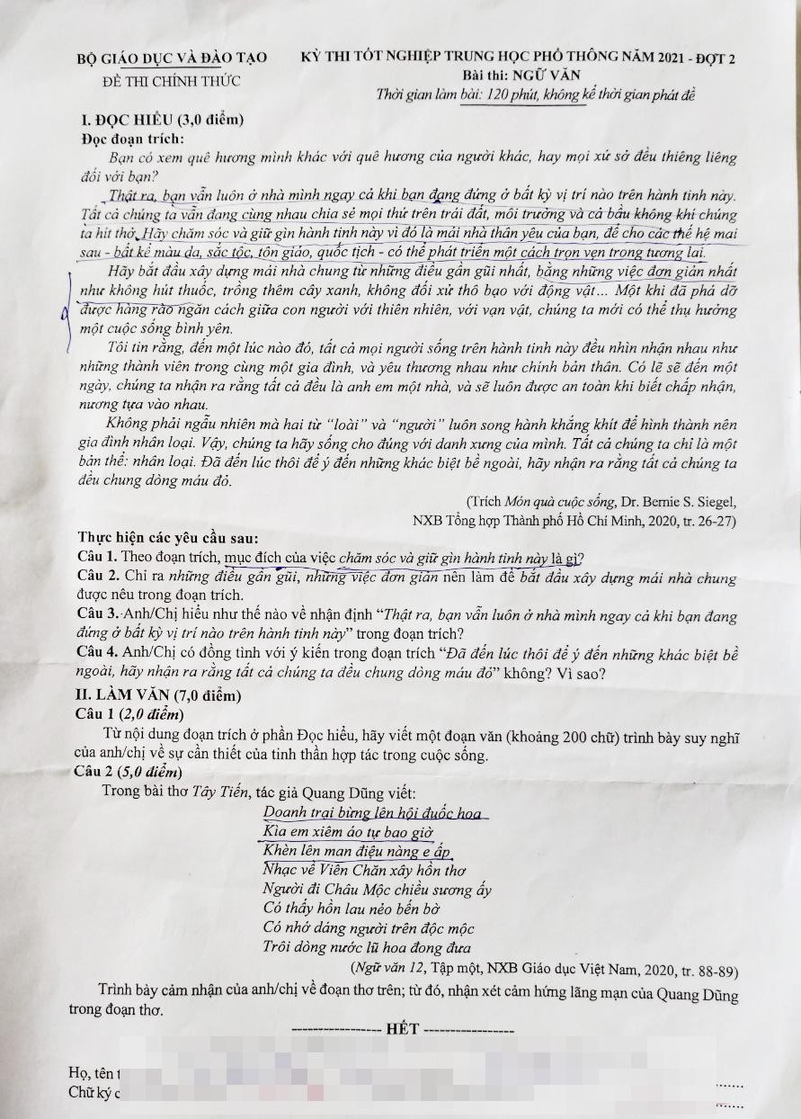 Đề thi Ngữ Văn THPT 2021 đợt 2. Ảnh: Nguyễn Thắng Đề thi Ngữ Văn THPT 2021 đợt 2. Ảnh: Nguyễn Thắng