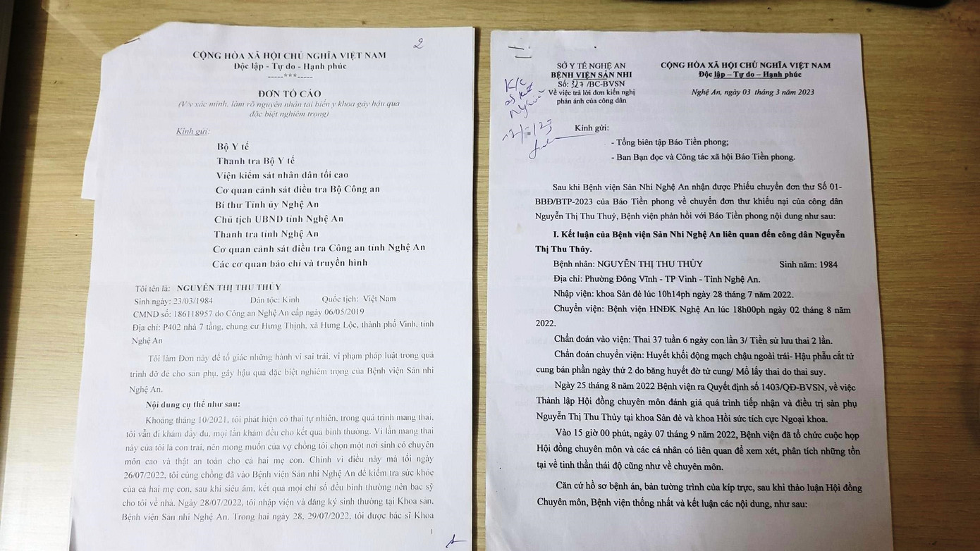 Đơn tố cáo của chị Nguyễn Thị Thu Thuỷ (trái) và Văn bản trả lời của Bệnh viện Sản Nhi Nghệ An