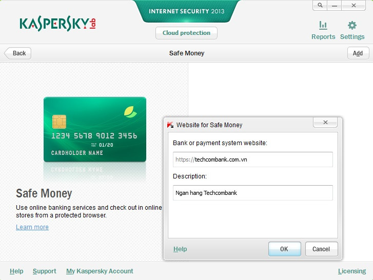 Thêm thông tin website ngân hàng vào danh sách website của Safe Money