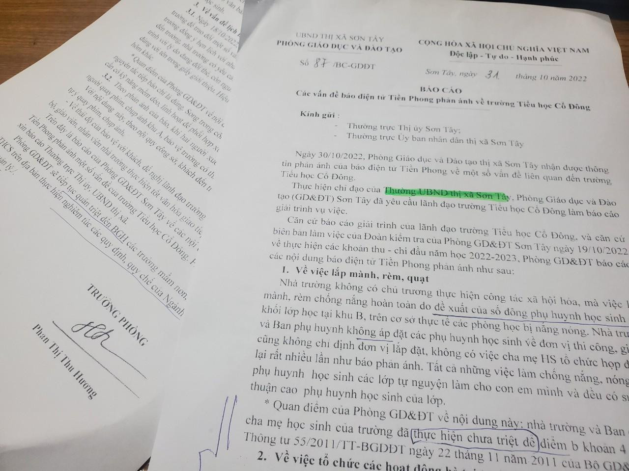 Báo cáo của Phòng Giáo dục và đào tạo thị xã Sơn Tây