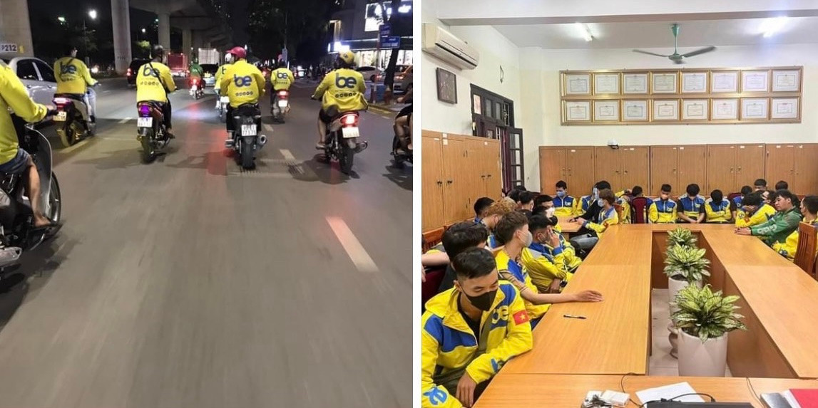 Nhóm tài xế Be di chuyển trên đường và tại cơ quan công an. Ảnh CAHN Nhóm tài xế Be di chuyển trên đường và tại cơ quan công an. Ảnh CAHN