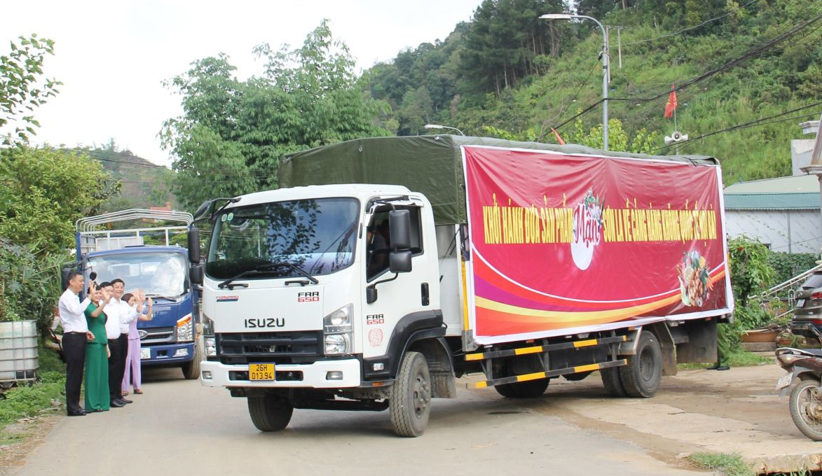 Những chuyến xe đưa mận Sơn La về Cảng hàng không quốc tế Nội Bài sáng 10/6. Ảnh: Báo Sơn La.