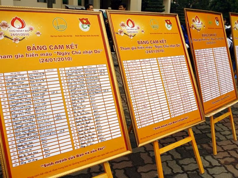 Bảng cam kết tham gia hiến máu trong Ngày Chủ nhật đỏ. Ảnh : Thuận Phong
