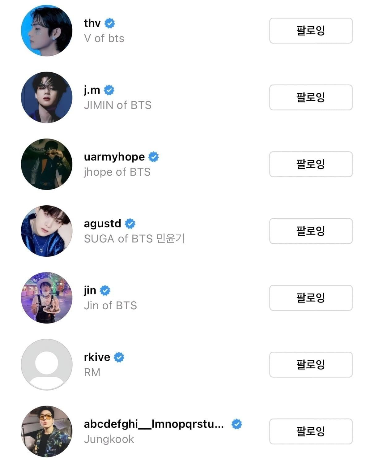 Toàn bộ 7 tài khoản Instagram cá nhân của BTS.