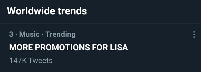 Người hâm mộ Lisa đang hợp sức đẩy từ khóa MORE PROMOTIONS FOR LISA (nhiều hoạt động hơn cho Lisa) bày tỏ sự bất mãn trước cách quảng bá của YG Ent. Người hâm mộ Lisa đang hợp sức đẩy từ khóa MORE PROMOTIONS FOR LISA (nhiều hoạt động hơn cho Lisa) bày tỏ sự bất mãn trước cách quảng bá của YG Ent.