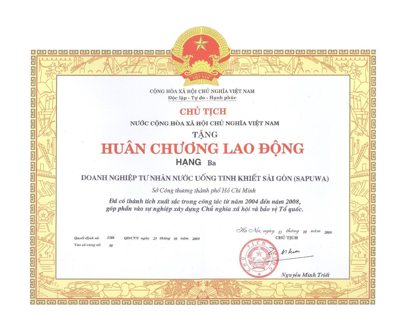 Huân chương Lao động hạng Ba do Chủ tịch nước trao tặng Công ty SAPUWA