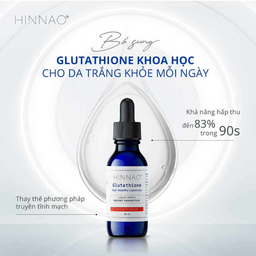 Hinnao Glutathione - Phương pháp trắng da an toàn, hiệu quả đến từ Anh quốc, với công nghệ Liposome ổn định cao và dạng nhỏ giọt ngậm dưới lưỡi