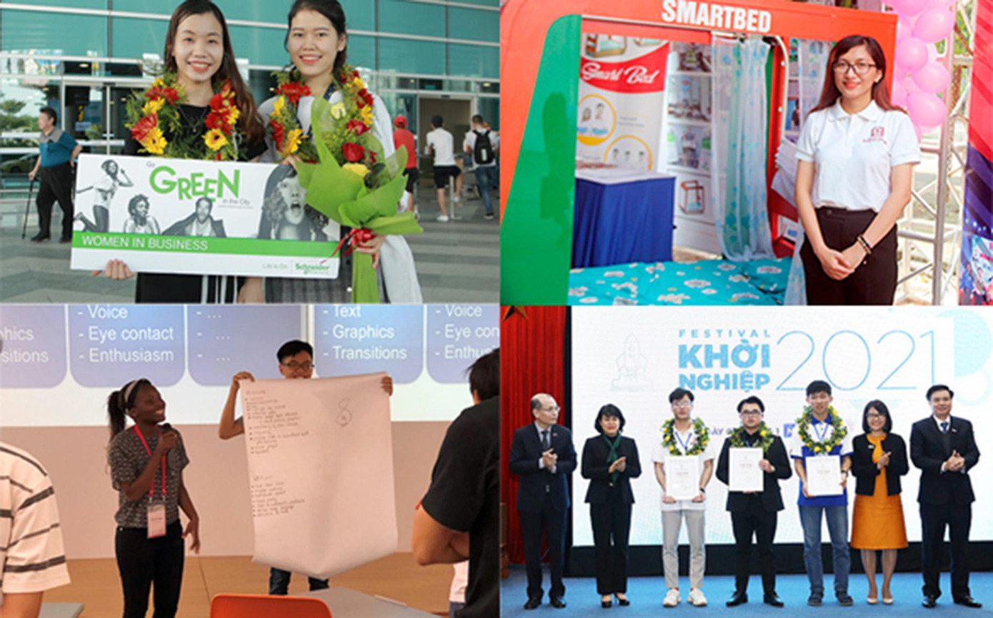 Nguyễn Thị Thanh cùng bạn trong nhóm nhận giải Women in Business Award 2018(ảnh trên bên trái); Trish Maguta thuyết trình sản phẩm giành giải Bacuộc thi CDIO Academy 2018 ở Nhật (ảnh dưới bên trái); Lê Thị Thu Ngânthuyết trình sản phẩm nhận giải Ba cuộc thi Khởi nghiệp Quốc gia 2020
