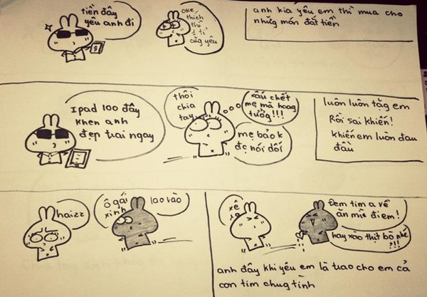 Nội dung của câu chuyện ngắn được tái hiện với nét vẽ của Thảo Vân không còn mấy xa lạ với giới trẻ - vẫn là yêu xong đòi quà. Bài viết: http://news.zing.vn/Nhung-trao-luu-an-theo-vu-chia-tay-doi-qua-post375204.html#category_featured.noibat Nguồn Zing News 