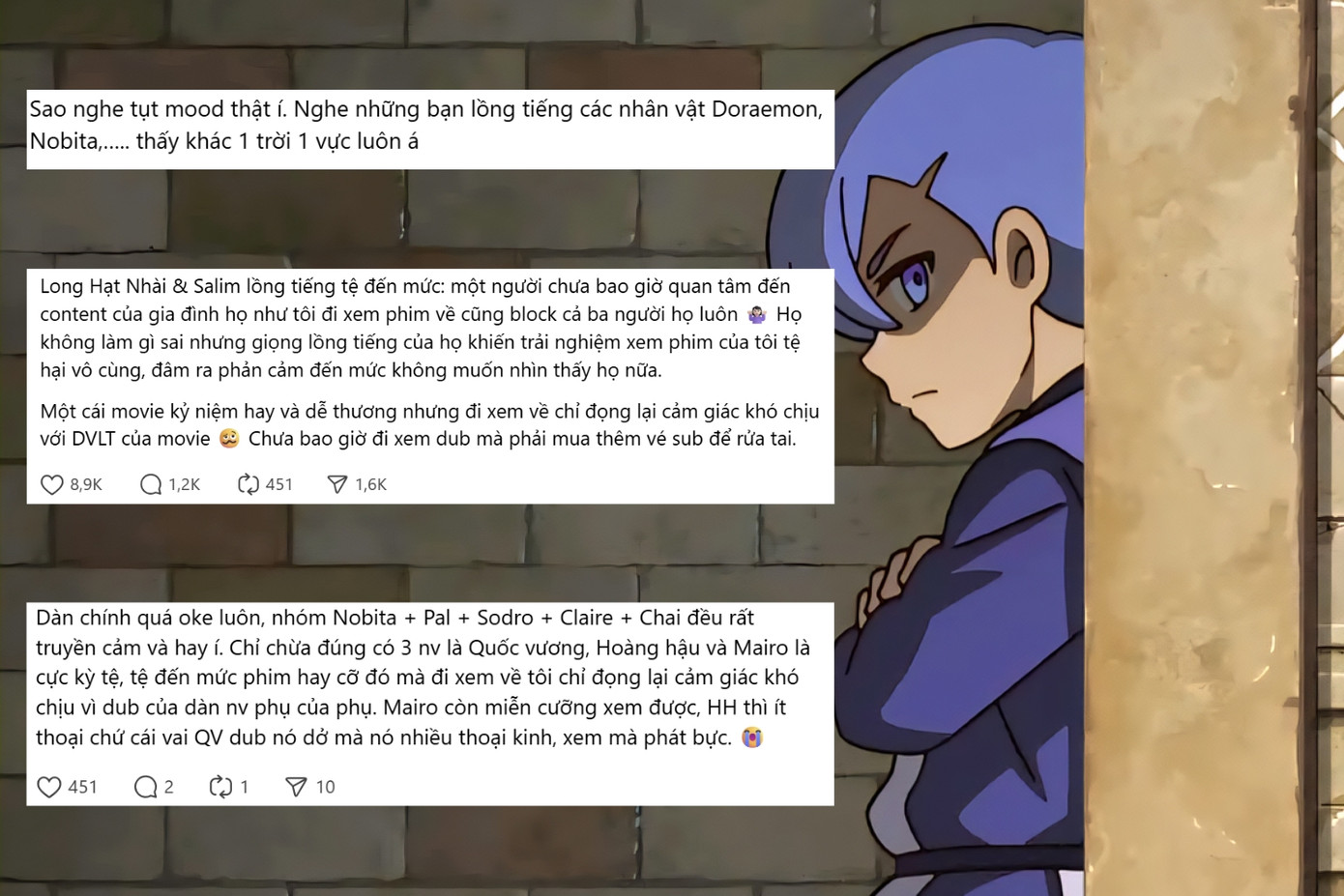 Phần lồng tiếng thiếu cảm xúc của dàn nhân vật phụ khiến nhiều khán giả "không hài lòng". Lời khuyên "xem phụ đề" xuất hiện nhiều trên các nền tảng mạng xã hội. Phần lồng tiếng thiếu cảm xúc của dàn nhân vật phụ khiến nhiều khán giả "không hài lòng". Lời khuyên "xem phụ đề" xuất hiện nhiều trên các nền tảng mạng xã hội.