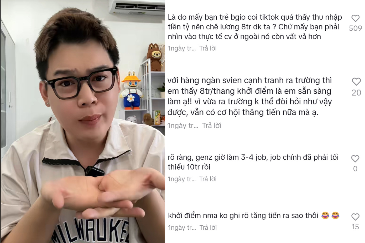 Bài đăng của Long Chun cũng nhận về ý kiến trái chiều, nhưng nhiều người gật gù đồng tình, cho rằng mức lương 8 triệu đồng kia là hợp lý cho một "tấm chiếu mới". Bài đăng của Long Chun cũng nhận về ý kiến trái chiều, nhưng nhiều người gật gù đồng tình, cho rằng mức lương 8 triệu đồng kia là hợp lý cho một "tấm chiếu mới".