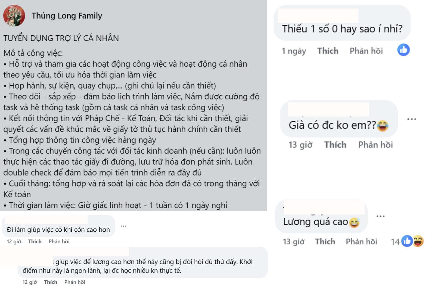 Nhiều ý kiến tranh cãi xung quanh bài đăng tuyển dụng của gia đình Thủng Long. Nhiều ý kiến tranh cãi xung quanh bài đăng tuyển dụng của gia đình Thủng Long.