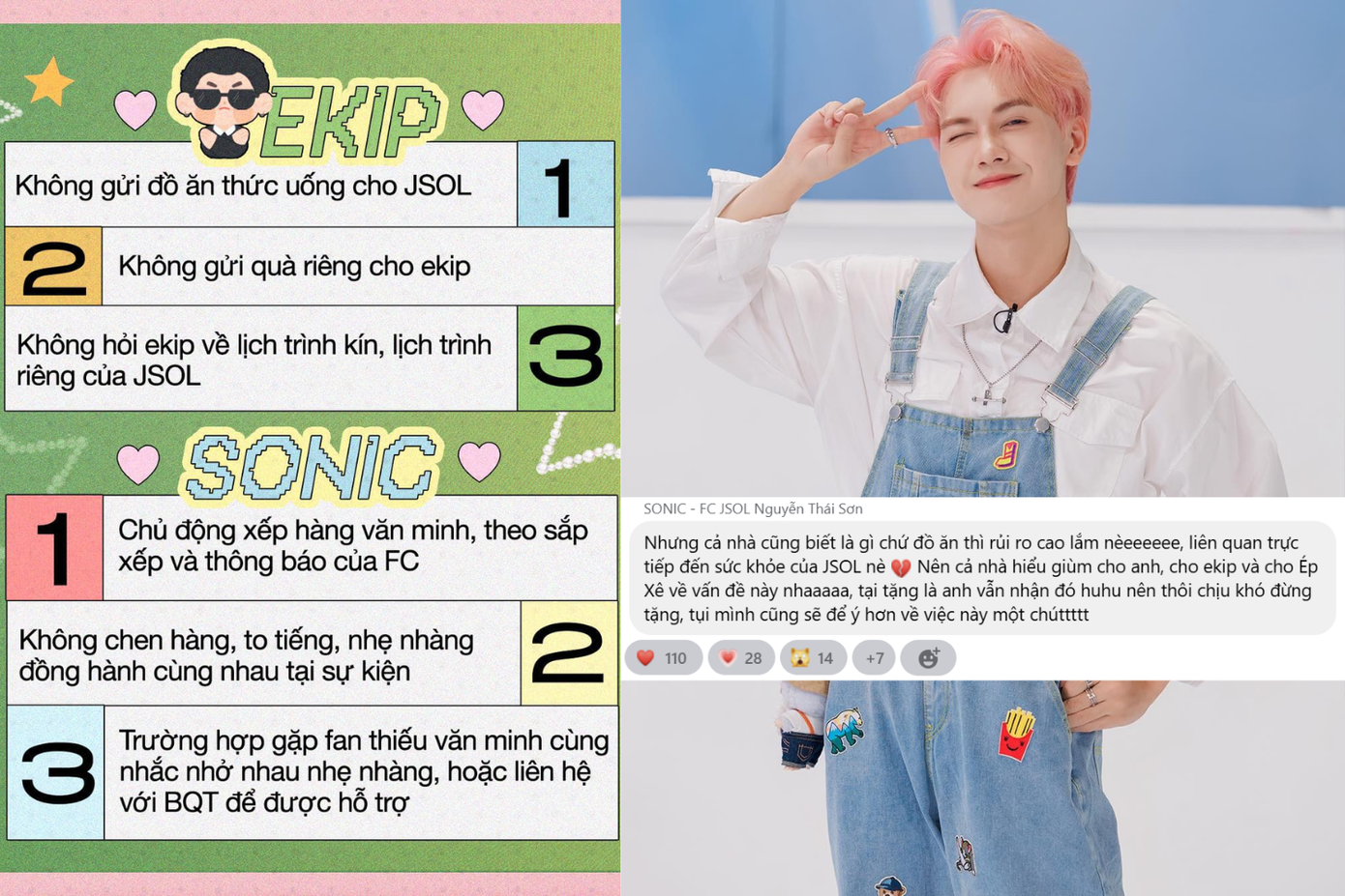 Trước đó, SONIC (FC của JSOL) đã dặn dò nhau không gửi đồ ăn, thức uống cho idol.