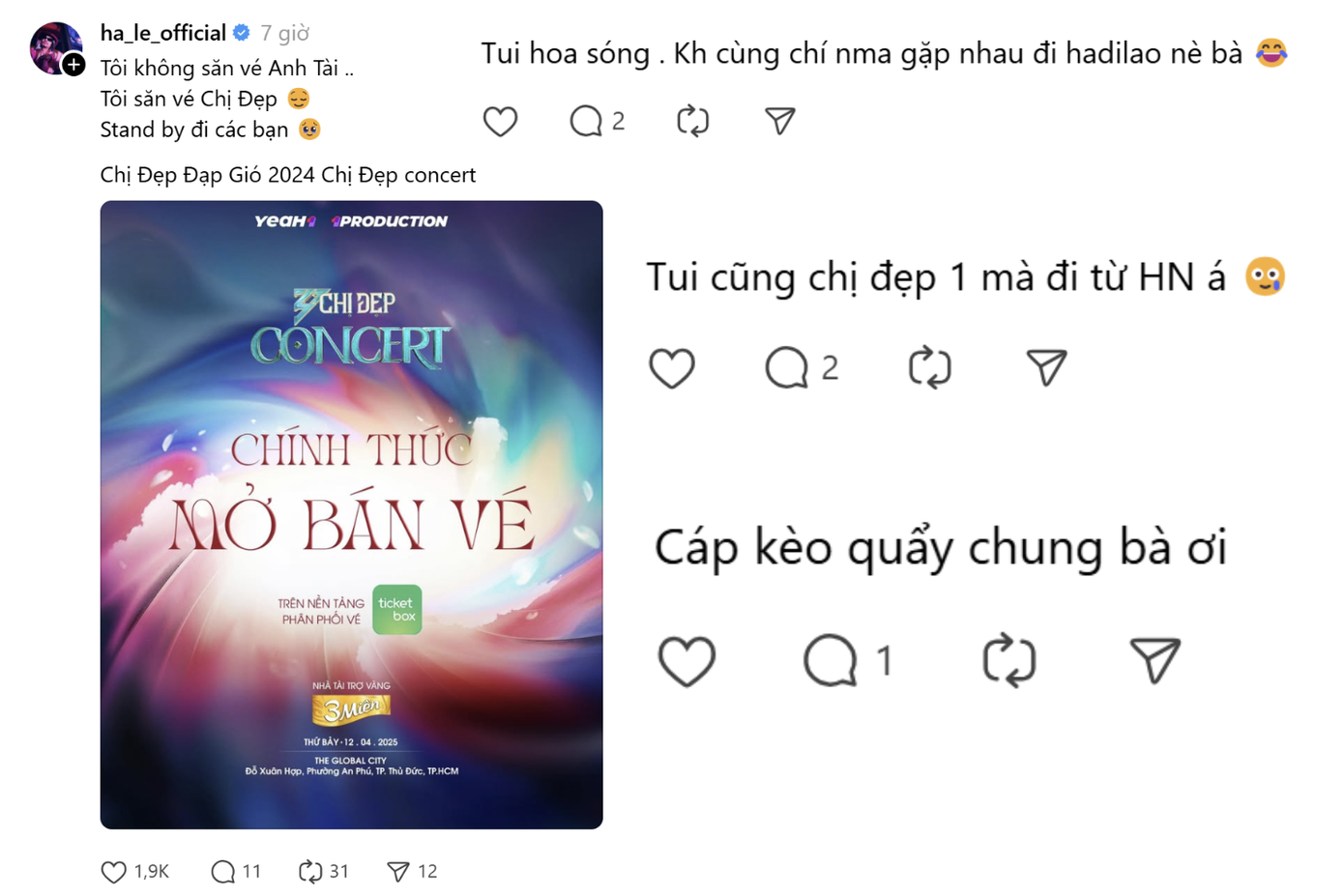 Các Gió Em nô nức rủ nhau hội ngộ tại concert Chị Đẹp, còn "anh tài" Hà Lê cũng gia nhập đường đua "săn vé". Các Gió Em nô nức rủ nhau hội ngộ tại concert Chị Đẹp, còn "anh tài" Hà Lê cũng gia nhập đường đua "săn vé".