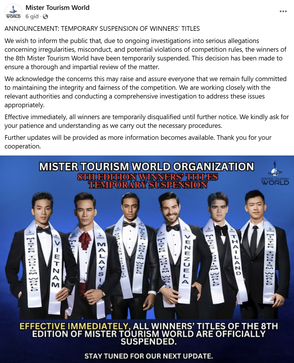 Thông báo viết: Kể từ sau thông báo này, tất cả các danh hiệu sẽ tạm thời bị đình chỉ cho đến khi có thông báo mới nhất.