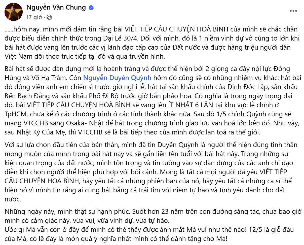 Phía dưới bài đăng, nhiều người gửi lời chúc mừng tới nhạc sĩ Nguyễn Văn Chung vì thành quả mà anh đã đạt được. Phía dưới bài đăng, nhiều người gửi lời chúc mừng tới nhạc sĩ Nguyễn Văn Chung vì thành quả mà anh đã đạt được.