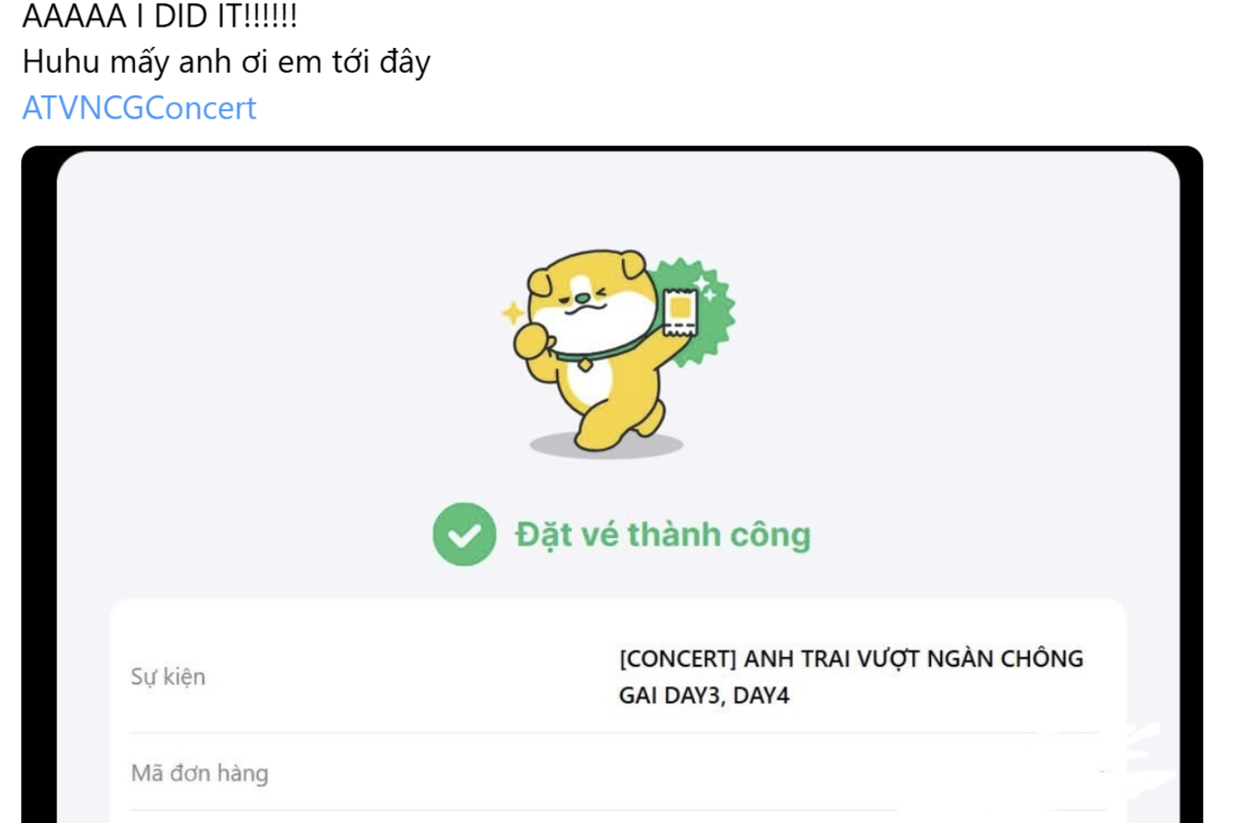 "Anh là kẻ may mắn, luôn là kẻ may mắn" là câu hát dành tặng những fan đã rinh được vé concert ATVNCG trong cơn bão săn vé. "Anh là kẻ may mắn, luôn là kẻ may mắn" là câu hát dành tặng những fan đã rinh được vé concert ATVNCG trong cơn bão săn vé.