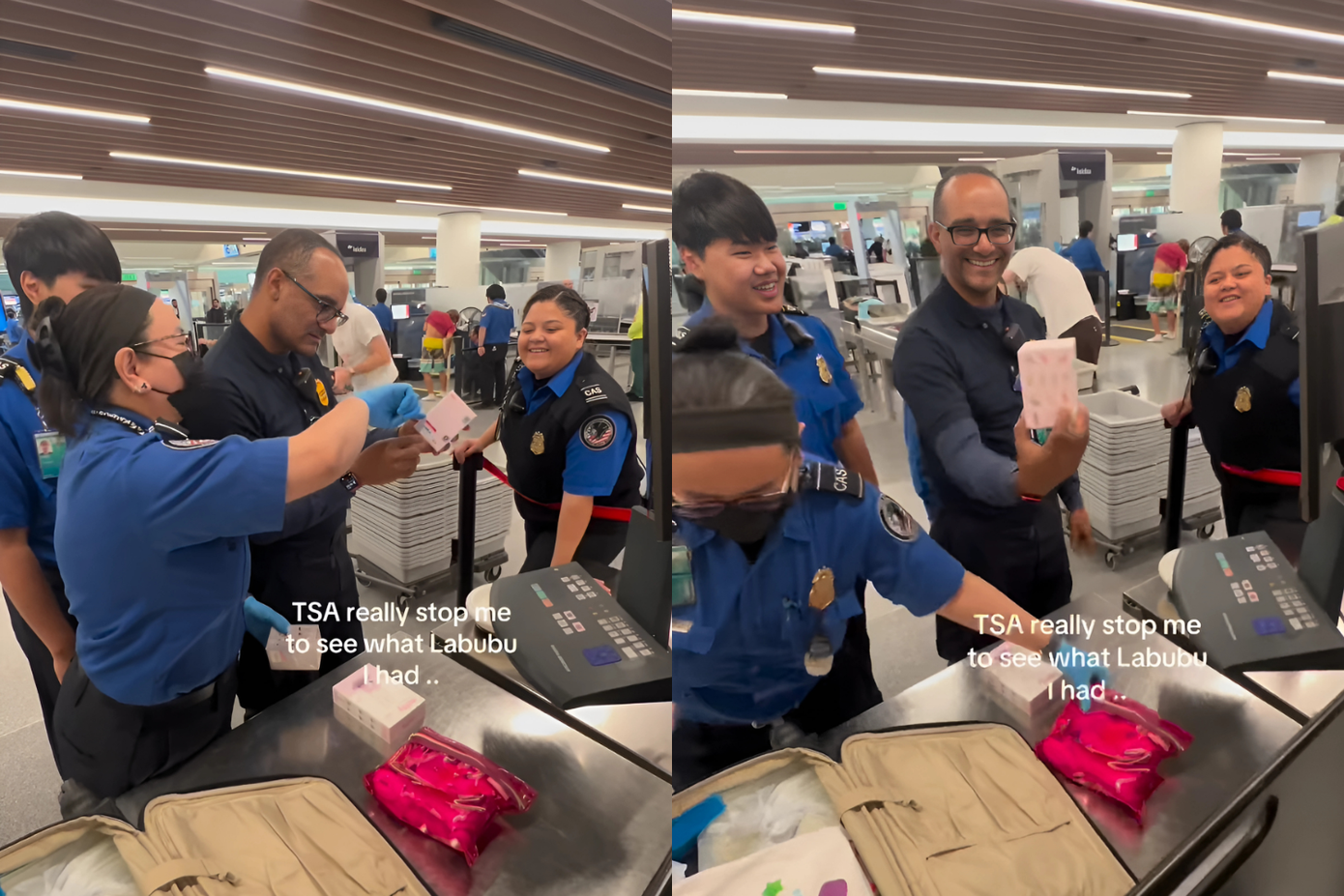 Với nụ cười "ranh mãnh", Labubu đã hack tim chú nhân viên TSA. - Ảnh: bagdecorating. Với nụ cười "ranh mãnh", Labubu đã hack tim chú nhân viên TSA. - Ảnh: bagdecorating.