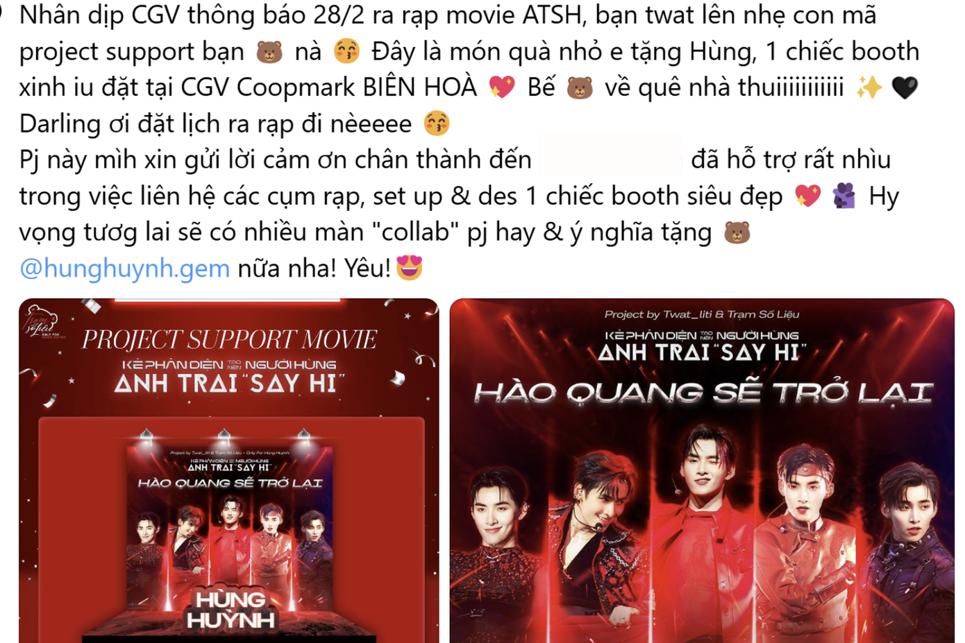 Fan của "anh trai" Hùng Huỳnh ủng hộ thần tượng trên mạng xã hội.