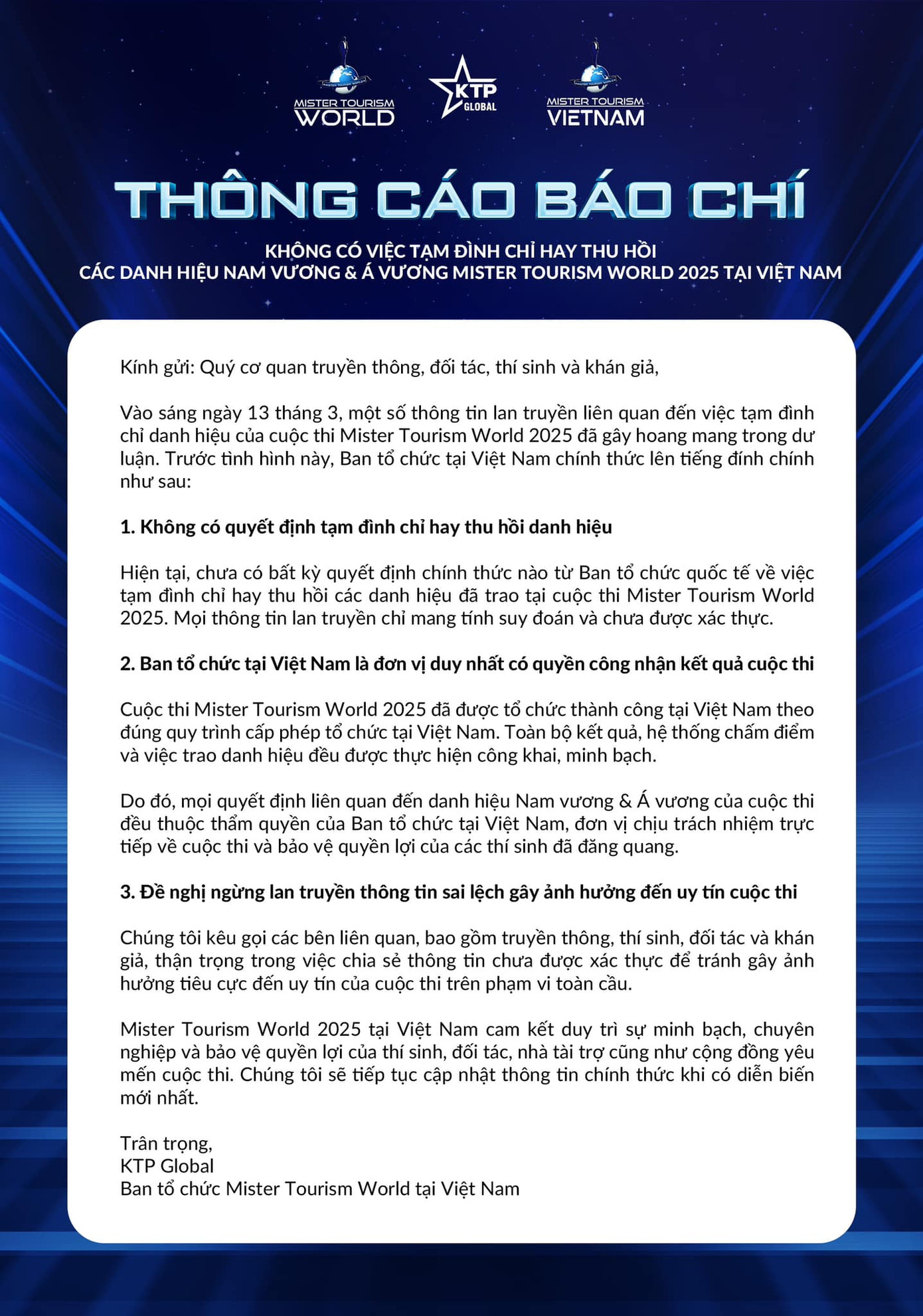Thông cáo báo chí do đại diện truyền thông của Ban tổ chức Mister Tourism World tại Việt Nam đưa ra trưa 13/3.