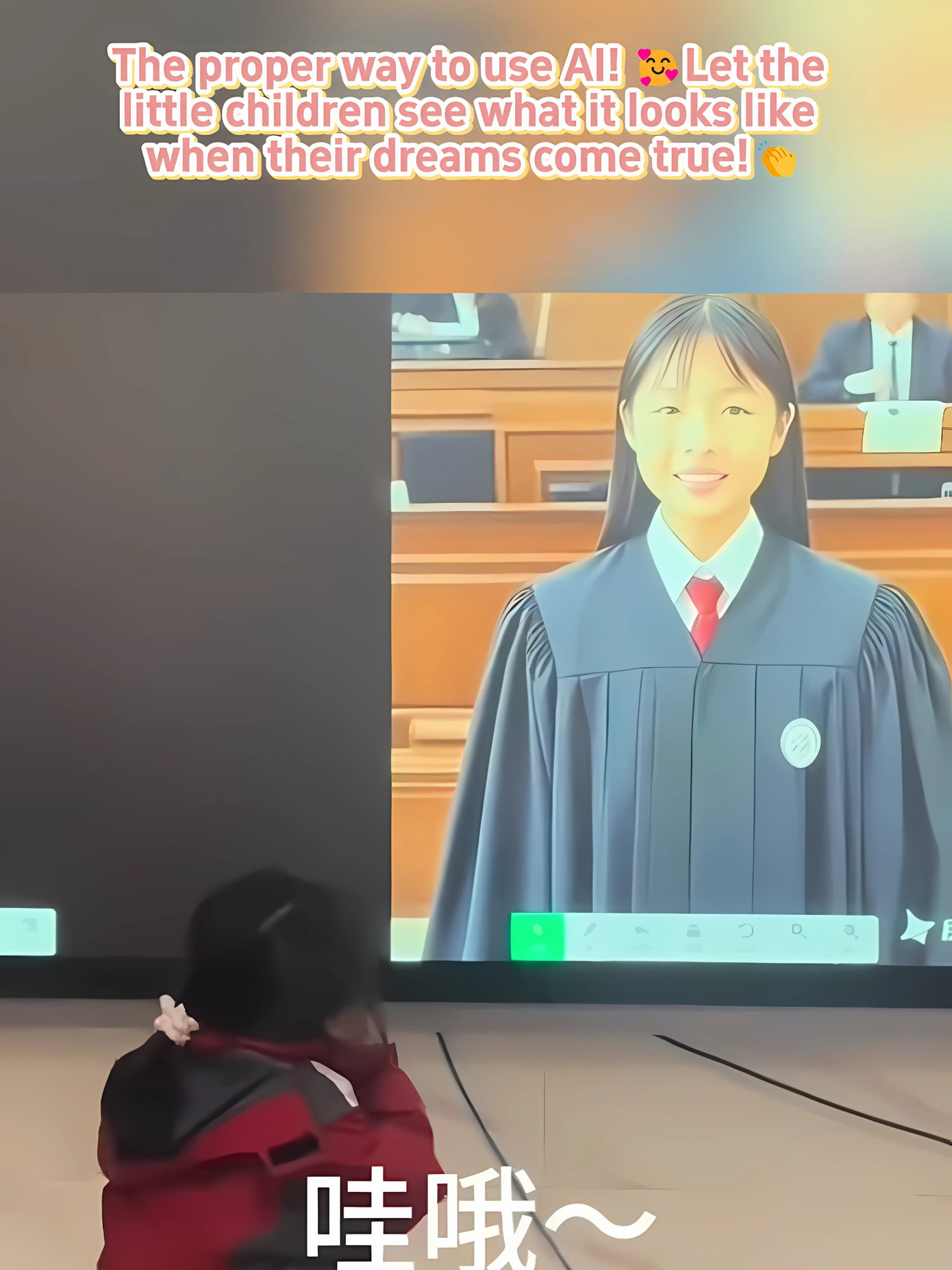 Hình ảnh nữ luật sư tương lai xuất hiện trên màn hình khiến cô bé vỡ òa.