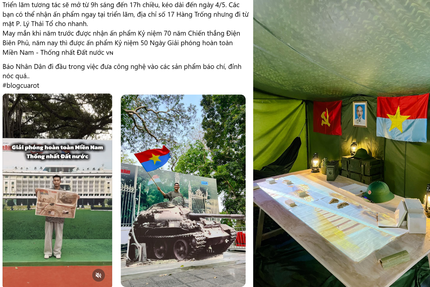 Triển lãm tương tác kỷ niệm 50 năm Giải phóng miền Nam, thống nhất đất nước của Báo Nhân Dân diễn ra từ 9h - 17h từ nay đến ngày 4/5. Ảnh: _im.rot_ Triển lãm tương tác kỷ niệm 50 năm Giải phóng miền Nam, thống nhất đất nước của Báo Nhân Dân diễn ra từ 9h - 17h từ nay đến ngày 4/5. Ảnh: _im.rot_