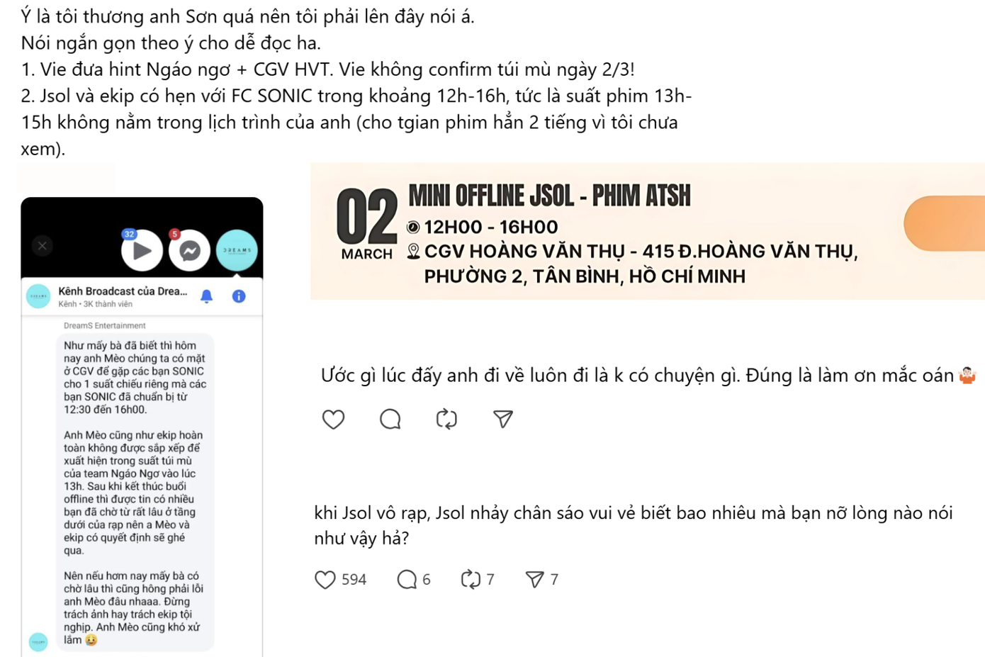 Theo kế hoạch, "anh trai" JSOL và SONIC có buổi hẹn riêng tại rạp từ 12:00 - 16:00, hoàn toàn không nằm trong lịch trình "suất chiếu mù" của chương trình. Theo kế hoạch, "anh trai" JSOL và SONIC có buổi hẹn riêng tại rạp từ 12:00 - 16:00, hoàn toàn không nằm trong lịch trình "suất chiếu mù" của chương trình.