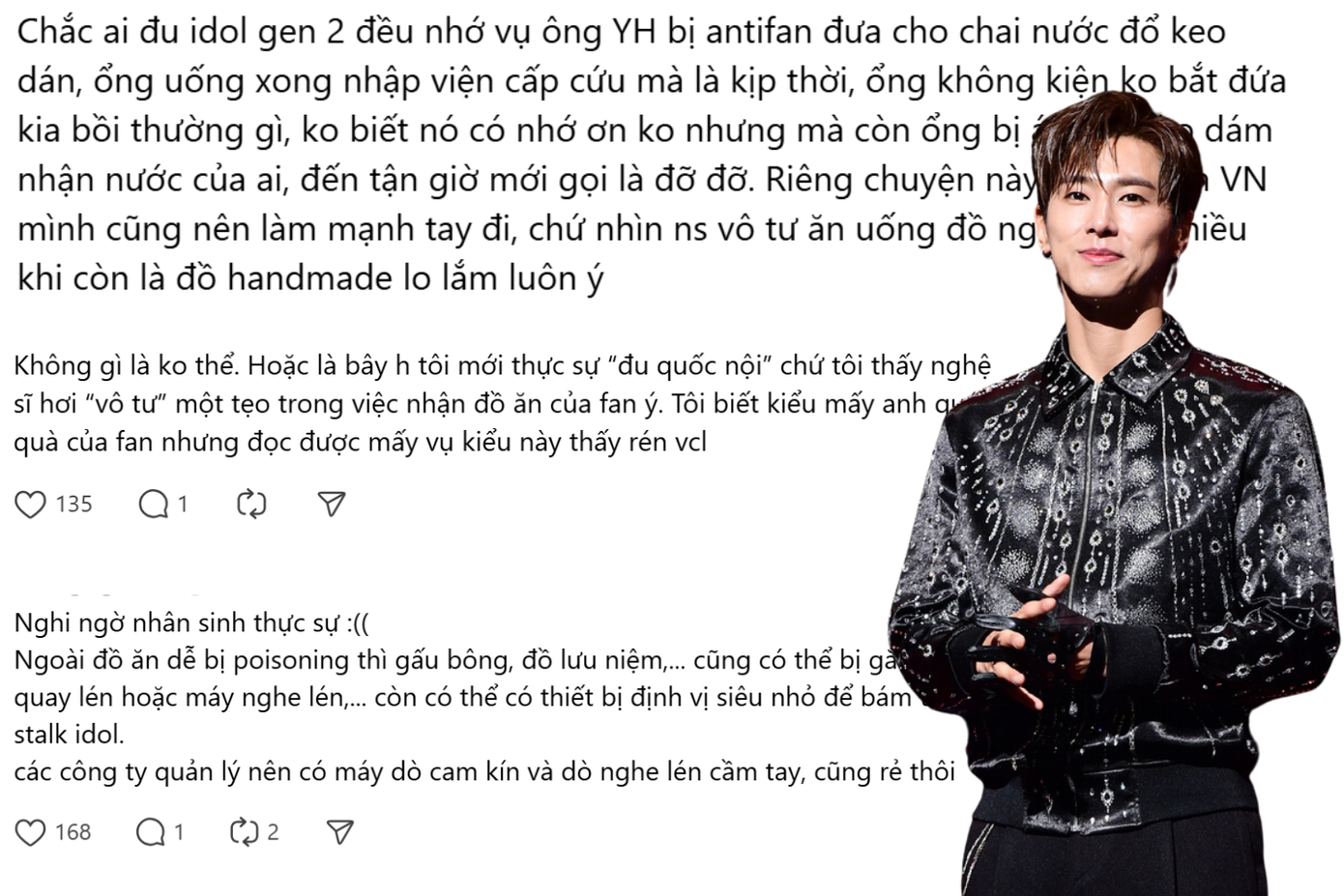 Một tài khoản lo ngại về món quà fan gửi tặng: "Gấu bông, đồ lưu niệm,... cũng có thể bị gắn máy quay lén hoặc máy nghe lén... còn có thể có thiết bị định vị siêu nhỏ để bám theo stalk idol".