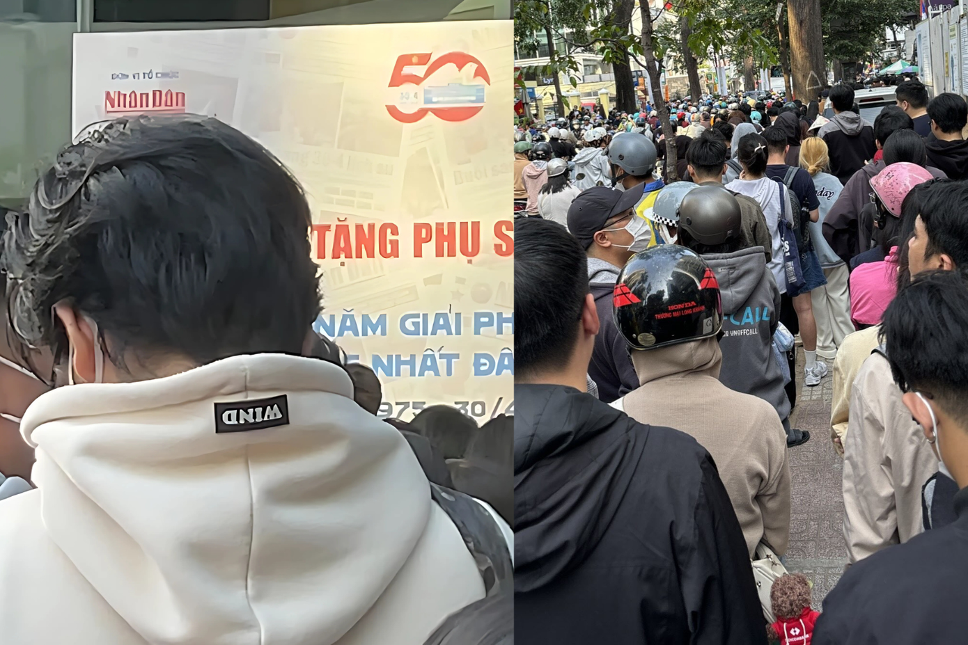 Nhiều người trẻ xếp hàng để nhận phụ san của báo Nhân Dân. Bạn Nga Anh chia sẻ: &quot;Mình xếp hàng từ sáng, tranh thủ hôm nay đi làm sớm để lấy, mình thấy nó ý nghĩa&quot;. Ảnh: ngo.cbich310, wosie_han09.
