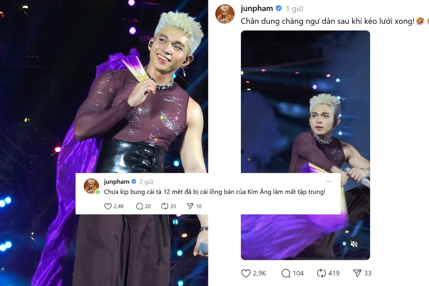 Jun Phạm "quên bung tà" vì cái "lồng bàn" của Kim Ăng. Jun Phạm "quên bung tà" vì cái "lồng bàn" của Kim Ăng.