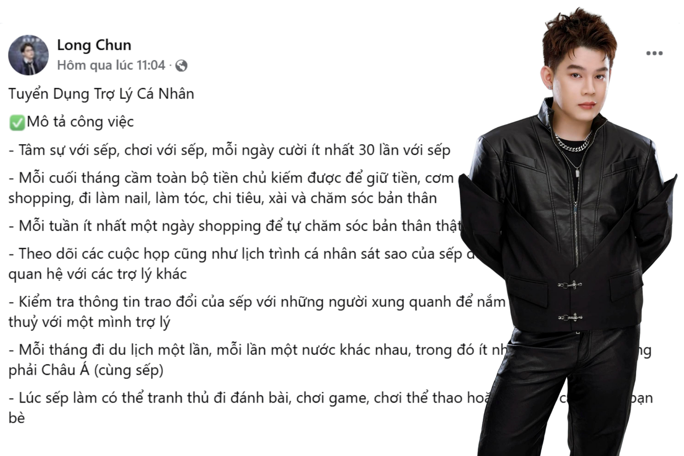 Bài đăng của Long Chun được cho là phiên bản "parody" của JD tuyển dụng nhà Thủng Long. Bài đăng của Long Chun được cho là phiên bản "parody" của JD tuyển dụng nhà Thủng Long.