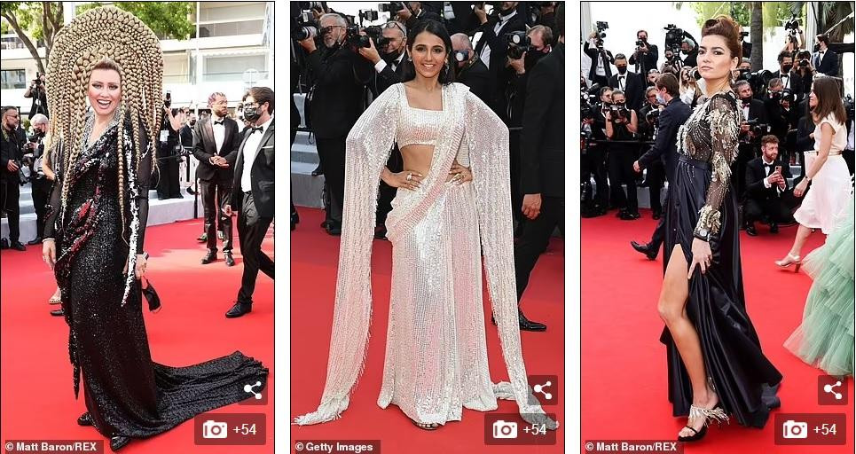 Diễn viên Nga Elena Lenina gây chú ý với mái tóc khổng lồ; sao Ấn Độ Masoom Minawala đưa trang phục truyền thống lên thảm đỏ; Diễn viên Mỹ Blanca Blanco khá an toàn với váy xẻ tà. (Từ trái qua phải) Diễn viên Nga Elena Lenina gây chú ý với mái tóc khổng lồ; sao Ấn Độ Masoom Minawala đưa trang phục truyền thống lên thảm đỏ; Diễn viên Mỹ Blanca Blanco khá an toàn với váy xẻ tà. (Từ trái qua phải)