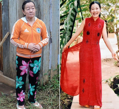 Chị Nguyễn Thị Phượng trước (ảnh phải) và sau khi già như bà lão 70. Ảnh: IE . Chị Nguyễn Thị Phượng trước (ảnh phải) và sau khi già như bà lão 70. Ảnh: IE