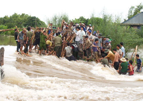 Ra sức chống chọi tại đoạn đê bị bể ở tuyến Kinh 8, xã Thạnh Mỹ Tây (Châu Phú, An Giang)