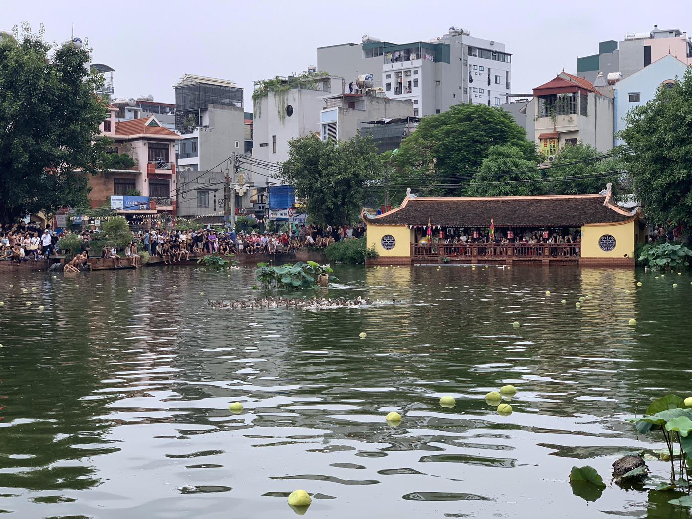 Giờ G chuẩn bị điểm. Hàng chục thanh niên trai tráng trong tư thế lao xuống ao Chùa.