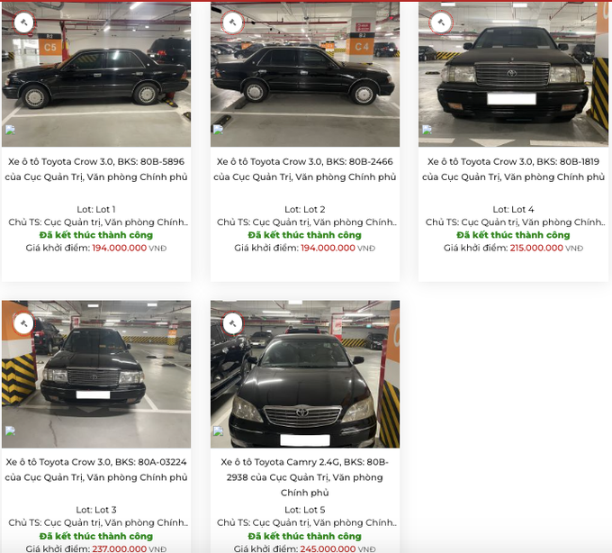 5 chiếc xe ô tô cũ của Văn phòng Chính phủ được tổ chức đấu giá thành công chiều 6/4 (Ảnh chụp màn hình: T.K).